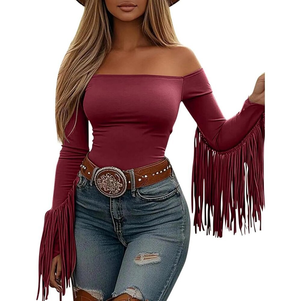 Women's Wine Western Cowgirl Off The Shoulder Fall Long Sleeve Shirts Blouse